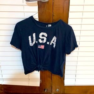 Navy blue U.S.A cropped t shirt with tie for young women